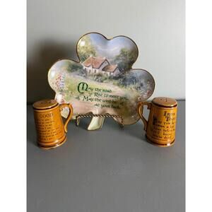 Irish St. Patty's Day vtg lot Franklin Mint Shamrock Plate & Salt Pepper Shakers